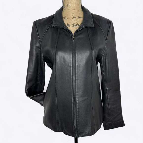 Kenneth Cole Reaction Black Leather Jacket Womens Sz L Pockets Lined Classic - Picture 1 of 16